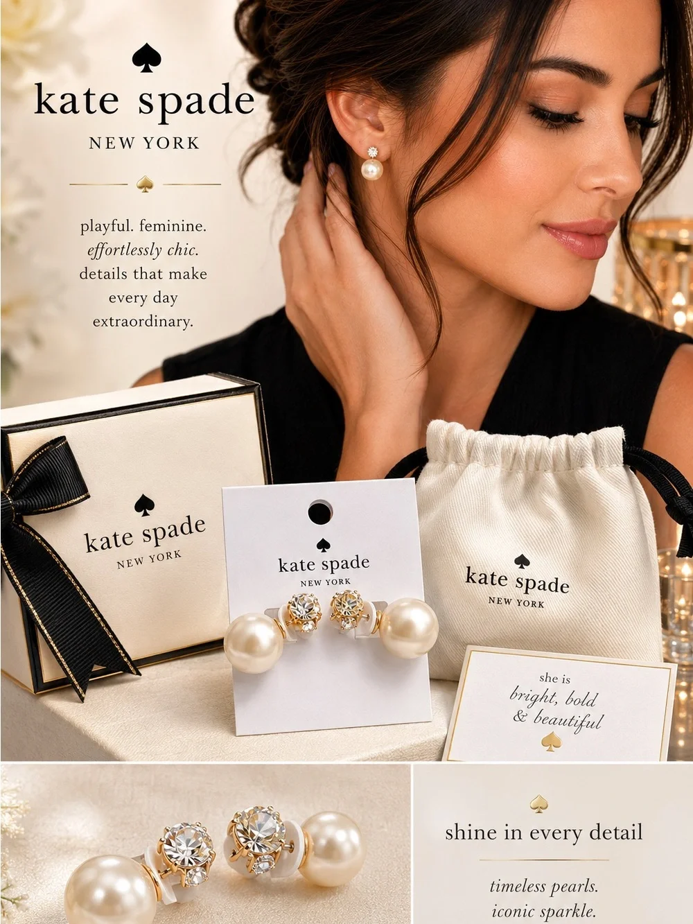 Exclusive Kate Spade Ivory and Gold pearl & crystal stud earring set